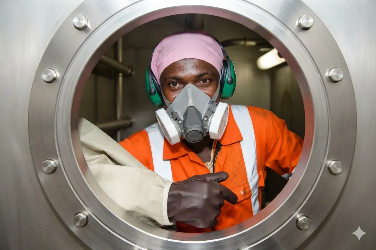 Cleaning Crew technician in full PPE and respiratory protection